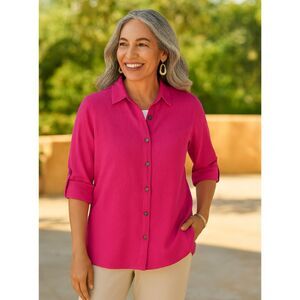 Chicos Crepe Gauze Shirt Womens Sz L Button Front Fuchsia Roll Tab Sleeve Blouse